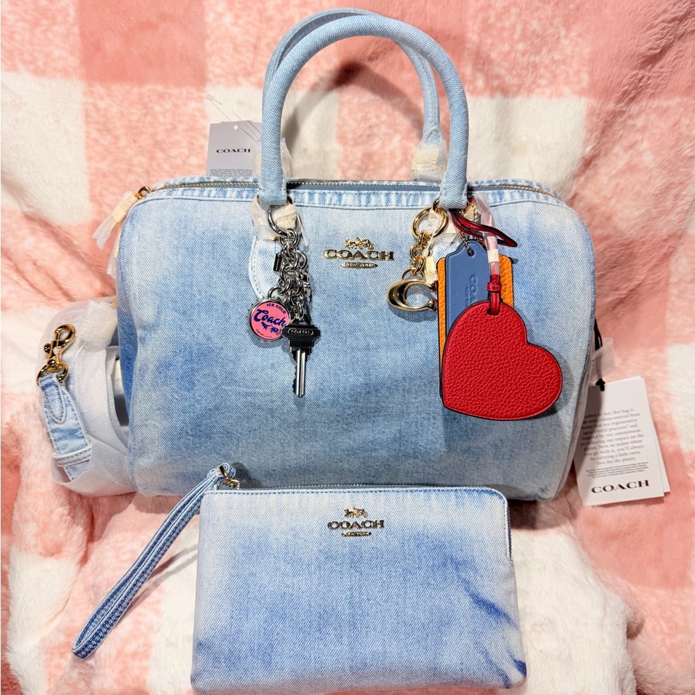 Coach Rowan LARGE Satchel Bag in
LOVED denim with CHARMS + Loved denim wristlet